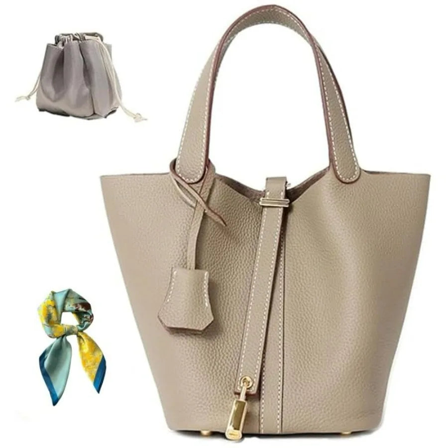 Genuine Leather Bucket Bag for Women: Lock Design Shoulder Handbag Versatile Top-Handle Tote Fashionable Vegetable...