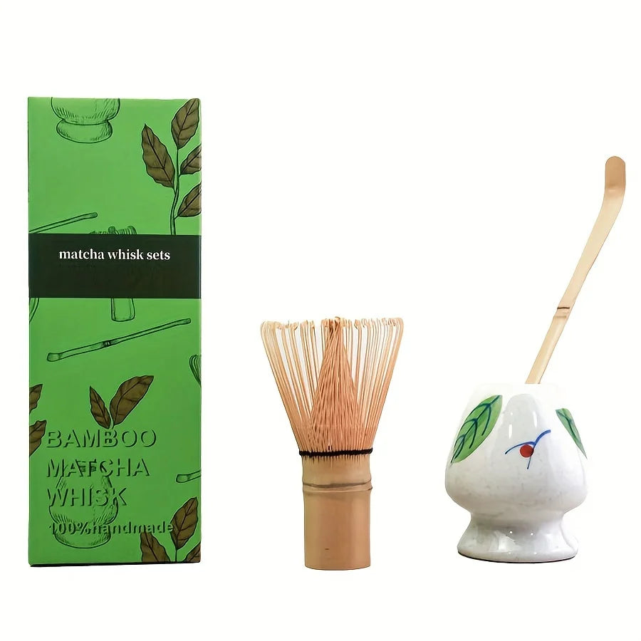 3pcs/set Matcha Set Bamboo Whisk Tea spoon Ceramic fittings Matcha Whisk (Chasen) Tea Spoon And Scoop (Chashaku) Tea-making Tool