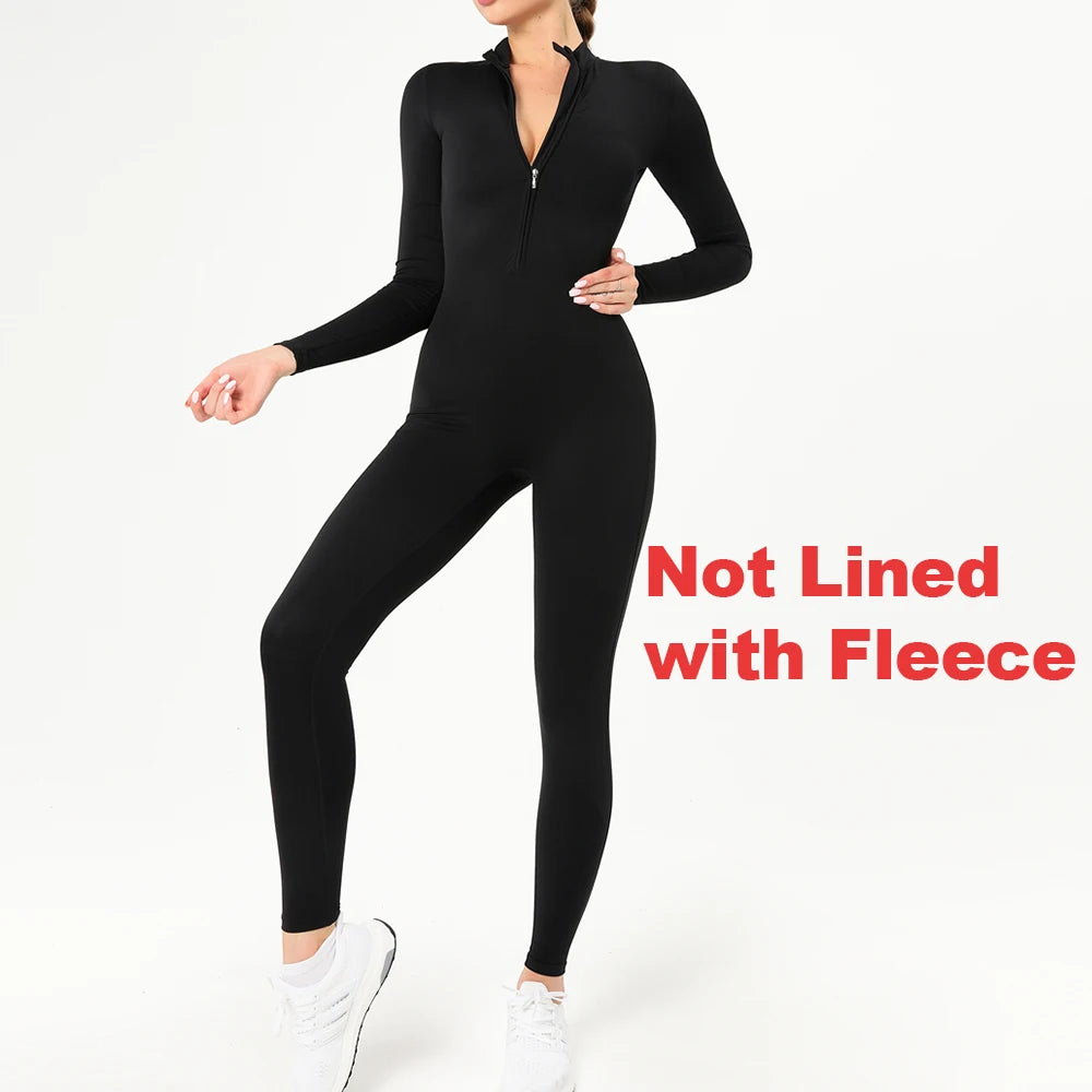 Warm Longsleeve Jumpsuts Women Thickened Sport Overalls Gym Set Zipper Fitness Bodysuits Winter Jumpsuit Workout Tracksuit - Kimlud