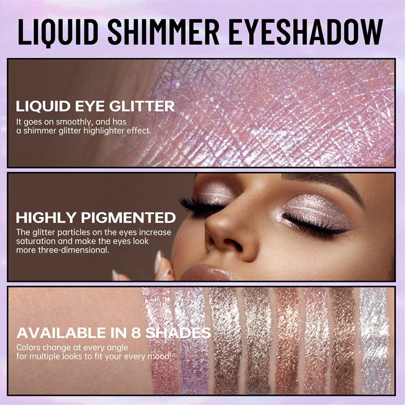 8 Colors Pearlescent Liquid Eyeshadow Fine Shimmer Highlight Glitter Eye Shadow High Shine Long-Lasting & Smudge-Proof...