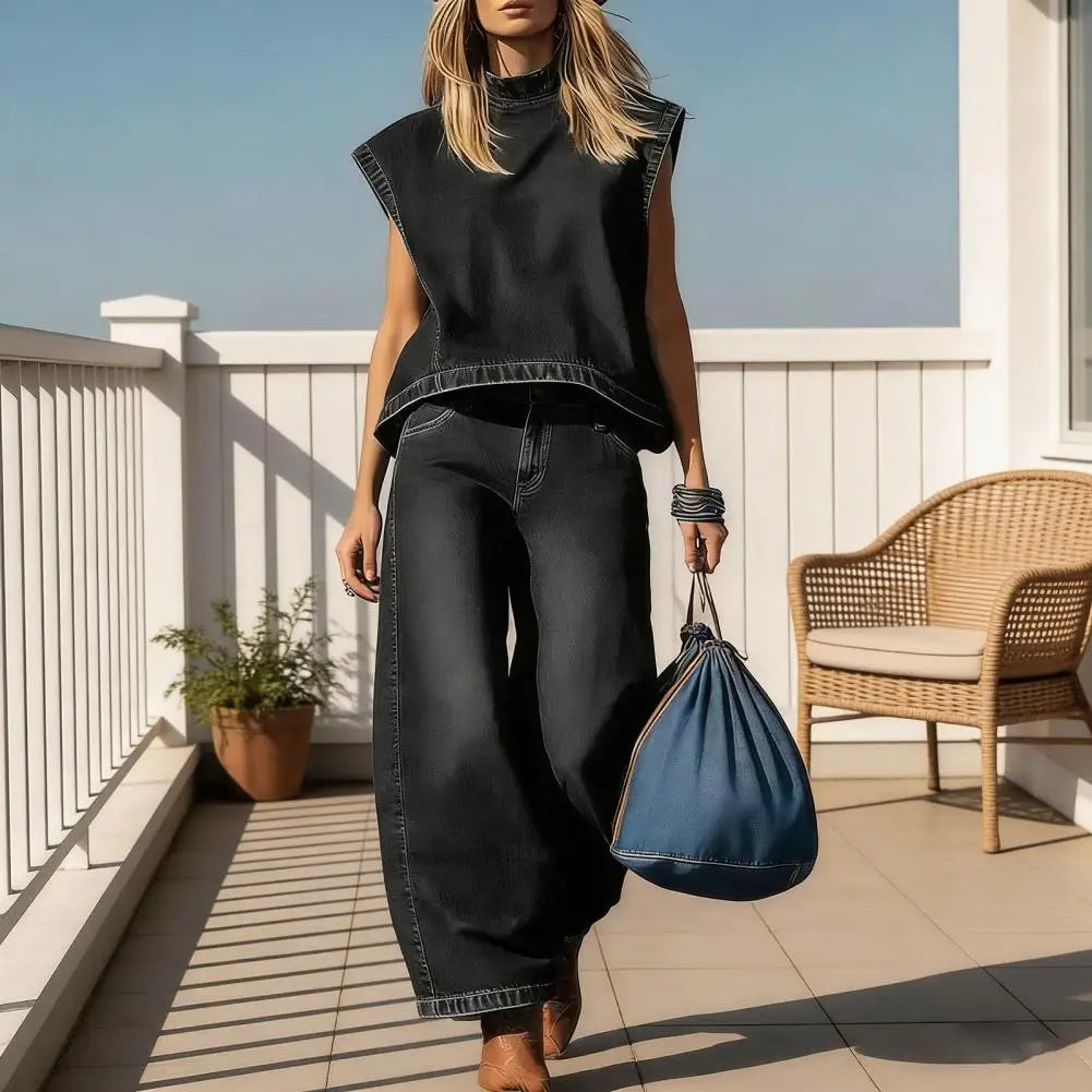 Wide-leg Denim Vest Pants Set Women Summer OutfitSleeveless Top Trousers Set Office Casual Women Outfit Party Wear Two-piece Set - Kimlud