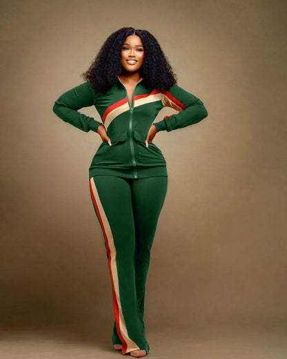 Custom LOGO Spring  Women's Sports Casual Fashion Color-matching Pocket Lapel Zipper Top Straight Pants Two-piece Set S-4XL