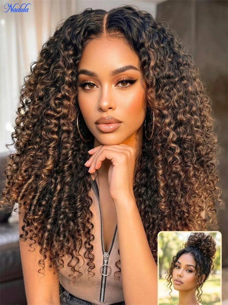 Nadula Burmese Curly Glueless Wig with Finger Coils End Chestnut Brown Ombre 7x5 Pre Cut HD Transparent Lace Pre...