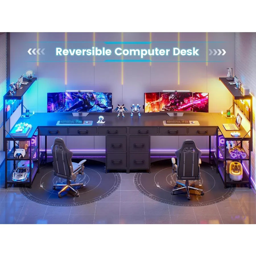 L Shaped Gaming Desk 47.2 Reversible Small Computer Desk with 5 Drawers and Storage Shelves Corner Gaming Desk with LED Lights - Kimlud