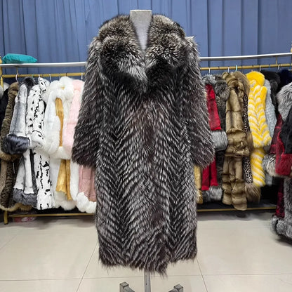 Lady Clothes Long Real Fur Coat Women Natural Silver Fox Autumn Warm Female Fox Parkas high Quality Outwear
