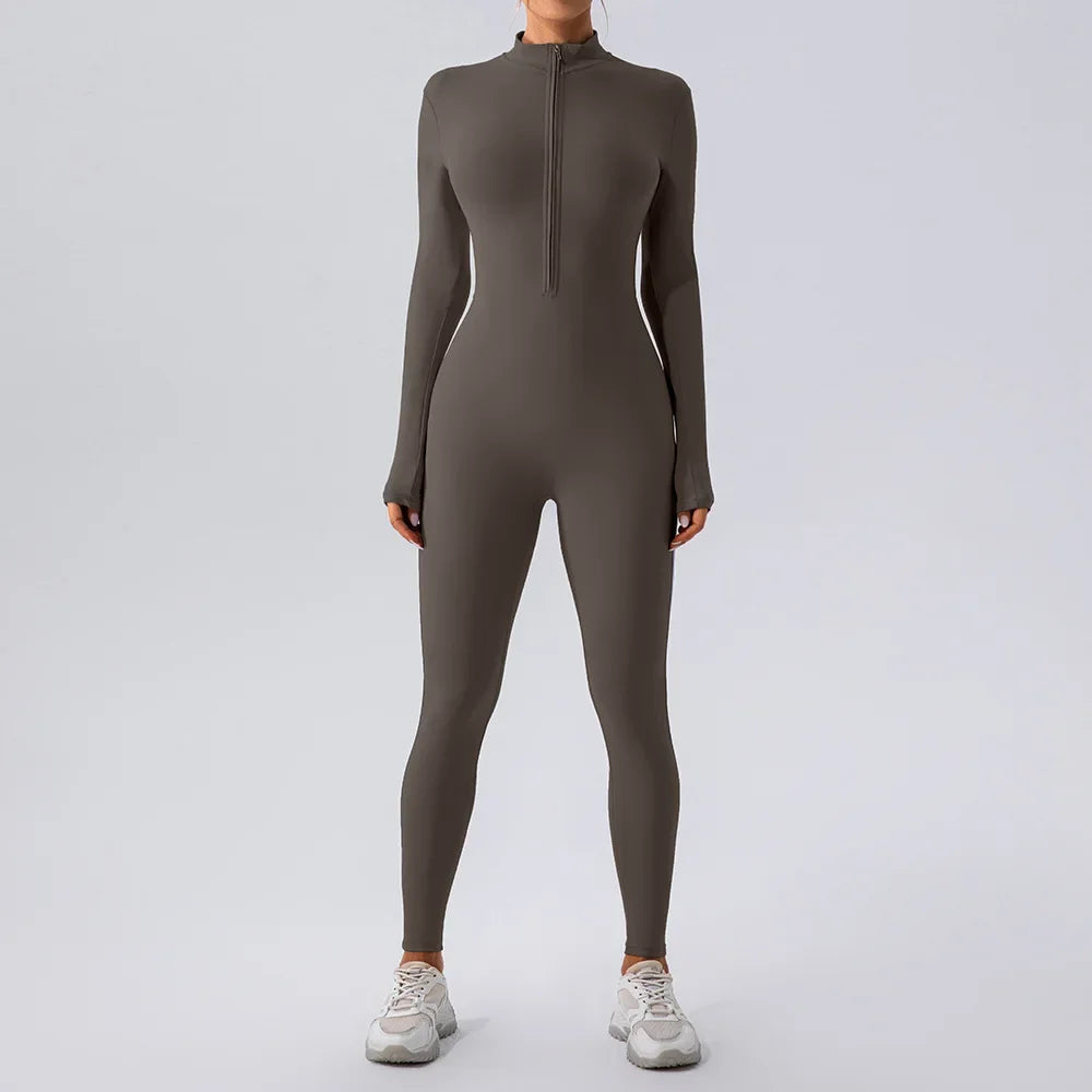 Yoga Jumpsuit Women Seamless Sports Zipper Jumpsuit Set Gym Long Sleeve Fitness Suit Elastic Gym Workout Bodysuit Athletic Wear - Kimlud