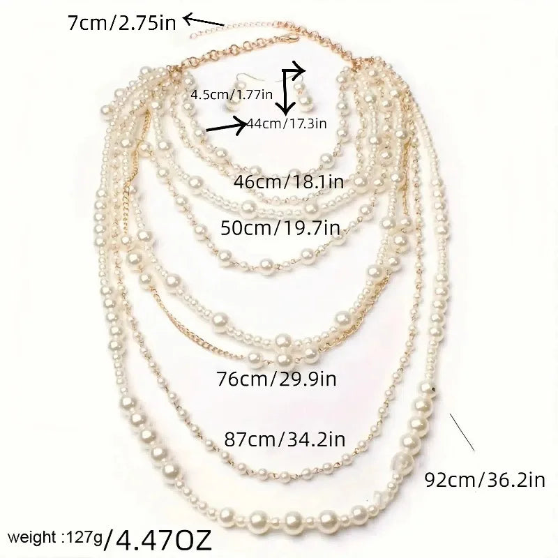 Multi-layer Simulated Pearls Chain Long Necklace Elegant Earrings Trendy Statement Choker Necklace for Women Fashion...