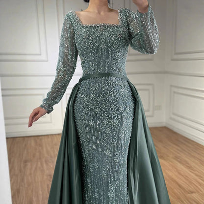 Serene Hill Customized Arabic Caramel Mermaid With Overskirt Beaded Evening Dresses Luxury Gowns For Formal Occasion...