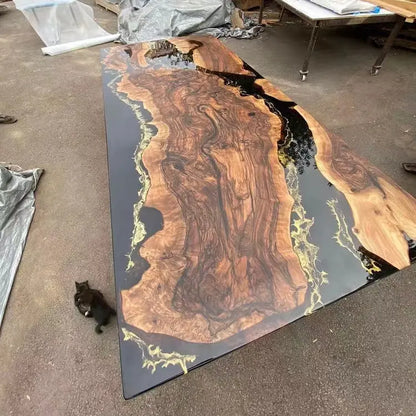 Solid Walnut Wood Luxury Dining Restaurant Rectangular Ocean River Epoxy Resin Slab Kitchen Table