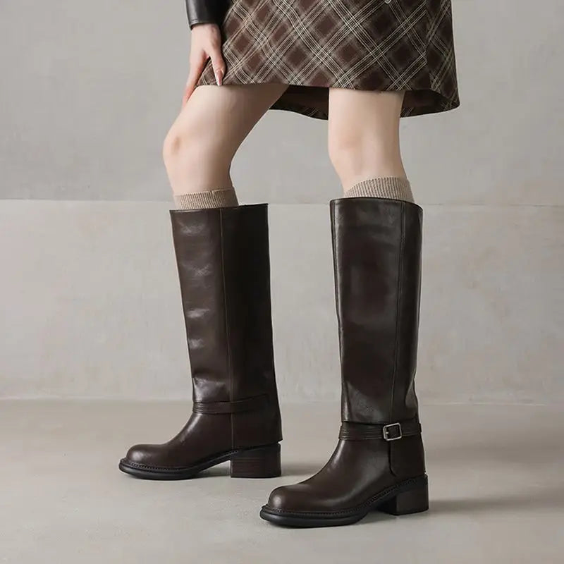 MORAZORA Genuine Leather Boots Women Square Mid Heels Black Brown Winter Boots Fashion Handmade Knee High Boots Ladies Shoes