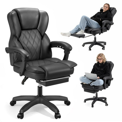 OYAJIA Office Chair, PU Leather Ergonomic Office Chair, 150kg Weight Capacity, Adjustable High-Back Computer Chair, Executive Swivel Chair with Footrest and Lumbar Support, Black/White - Kimlud
