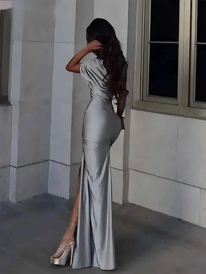 Irregular Hollow Dress Women Ruched Diagonal Collar Shorts Sleeve Waistless Slits Street Trend Elegant Long Bodycon 0V01