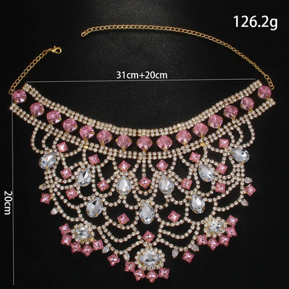 Pink Exaggerated Choker Necklace for Women Wedding Jewelry Gifts Charming Oversize Rhinestone Chunky Choker Chain Drag Queen