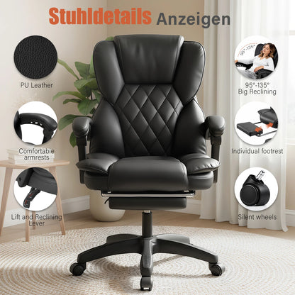 OYAJIA Office Chair, PU Leather Ergonomic Office Chair, 150kg Weight Capacity, Adjustable High-Back Computer Chair, Executive Swivel Chair with Footrest and Lumbar Support, Black/White - Kimlud