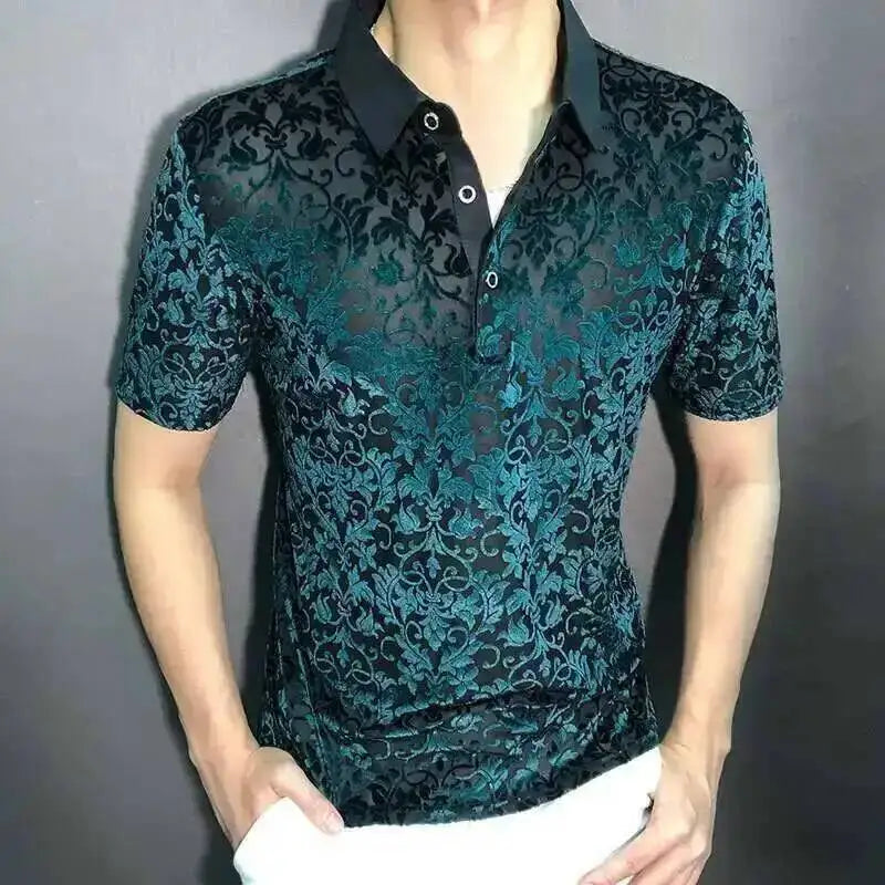 Black Gold Abstract Pattern Lace Sexy Polo See Quality Men Through Social Club Luxe Transparent Shirt Summer Short Sleeve Polo - Kimlud