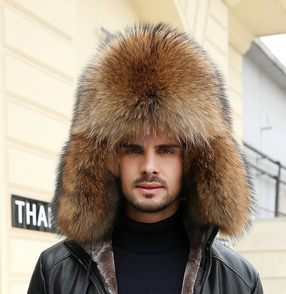 2025 Winter 100% Real Silver Fox Fur Bomber Hat Raccoon Fur Ushanka Cap Trapper Russian Men's Ski Hats Caps