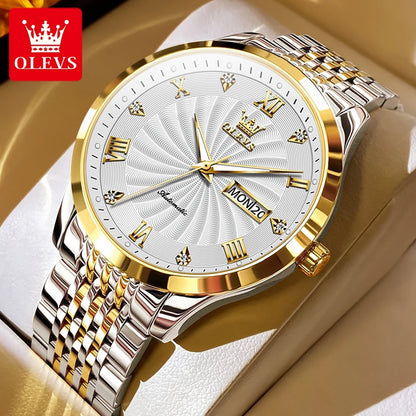 OLEVS Top Brand Automatic Mechanical Men Watch Threaded Dial Waterproof Stainless Steel Strap Classic Men's Watches Luxury