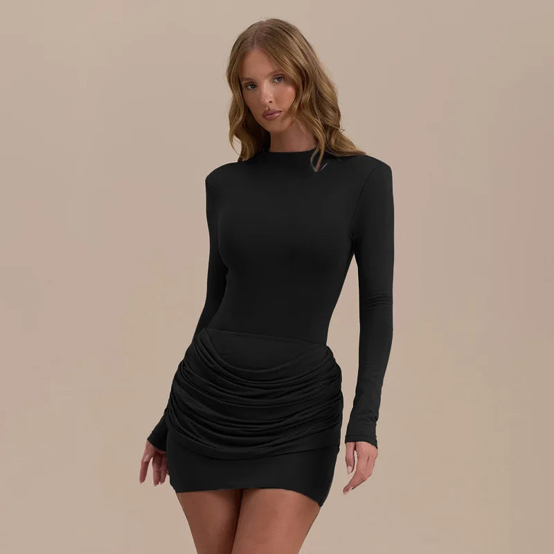Solid Color Gathered Hip Cover Long Sleeve Dress Women's Spring Summer New Casual Round Neck Dresses For Women Ropa...