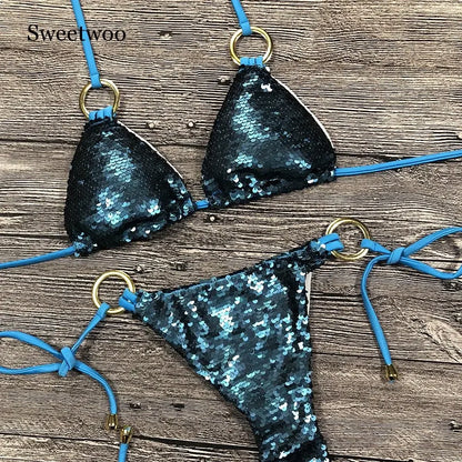 Solid Bikini Sexy Swimsuit Halter Swimwear Bathing Suit Women Bling Sequin Bikini Set Beach Wear Dropshipping Monokini...