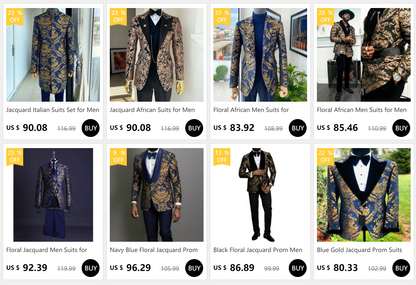 Jacquard Floral Tuxedo Suits for Men Wedding Slim Fit Navy Blue and Gold Gentleman Male Costume Suit Set | Kimlud Luxury Rug