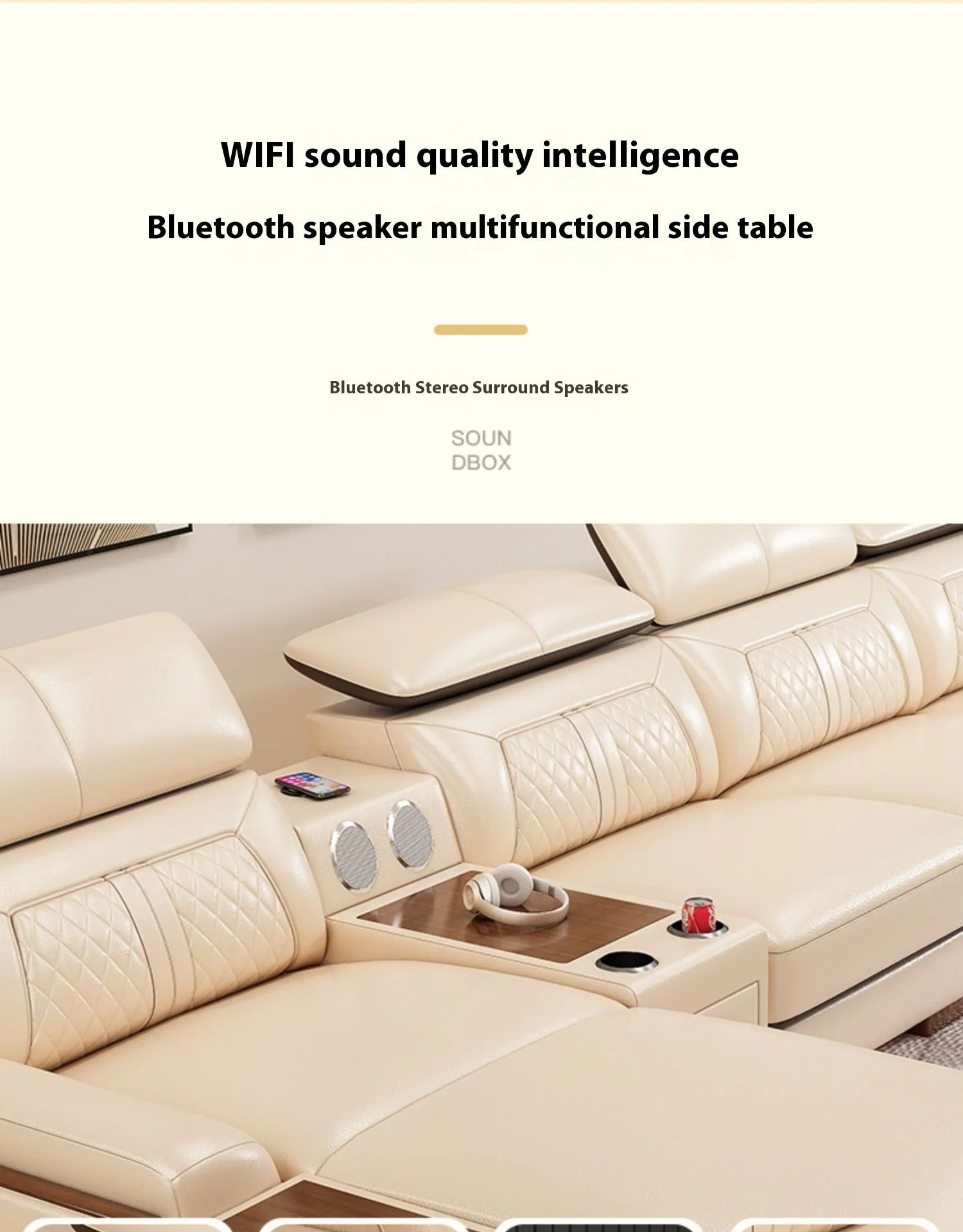Stylish Italian Genuine Leather Sofa for Living Room with Cup Holder, USB, Adjustable Headrests & Bluetooth Speaker -...