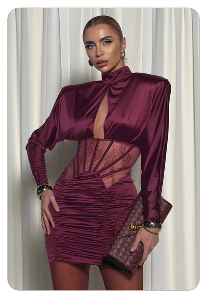 VC Elegant Burgundy Satin Mini Dress with Lace Corset Detail Long Sleeve High Neck Ruched Party Dress for Evening Events & Prom