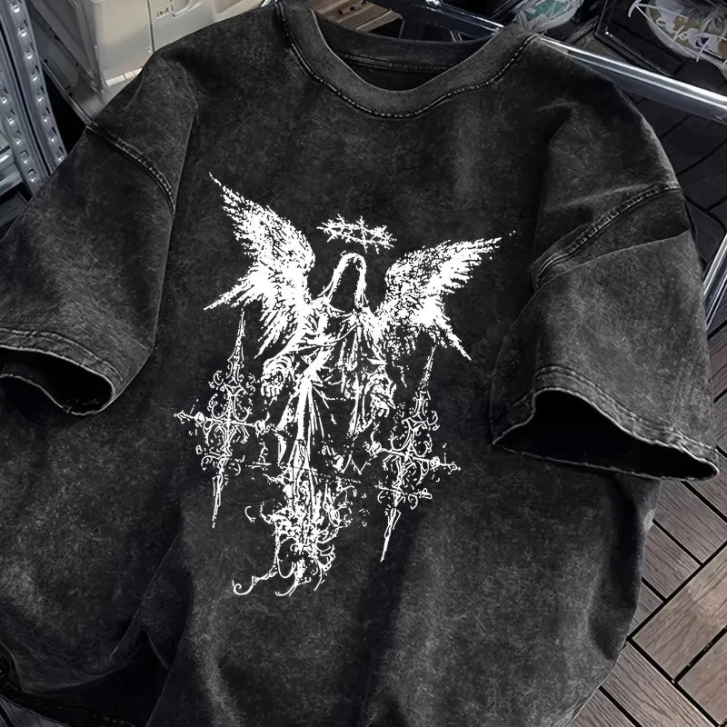 Men's Gothic Style Dark Style Retro Short Sleeved Street Washed Cotton Loose Fitting Unisex T-shirt Fashion Trend Y2K