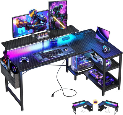 48-Inch L-Shaped Gaming Desk with USB Ports, LED Lights, Storage Shelves & Power Outlets in Black