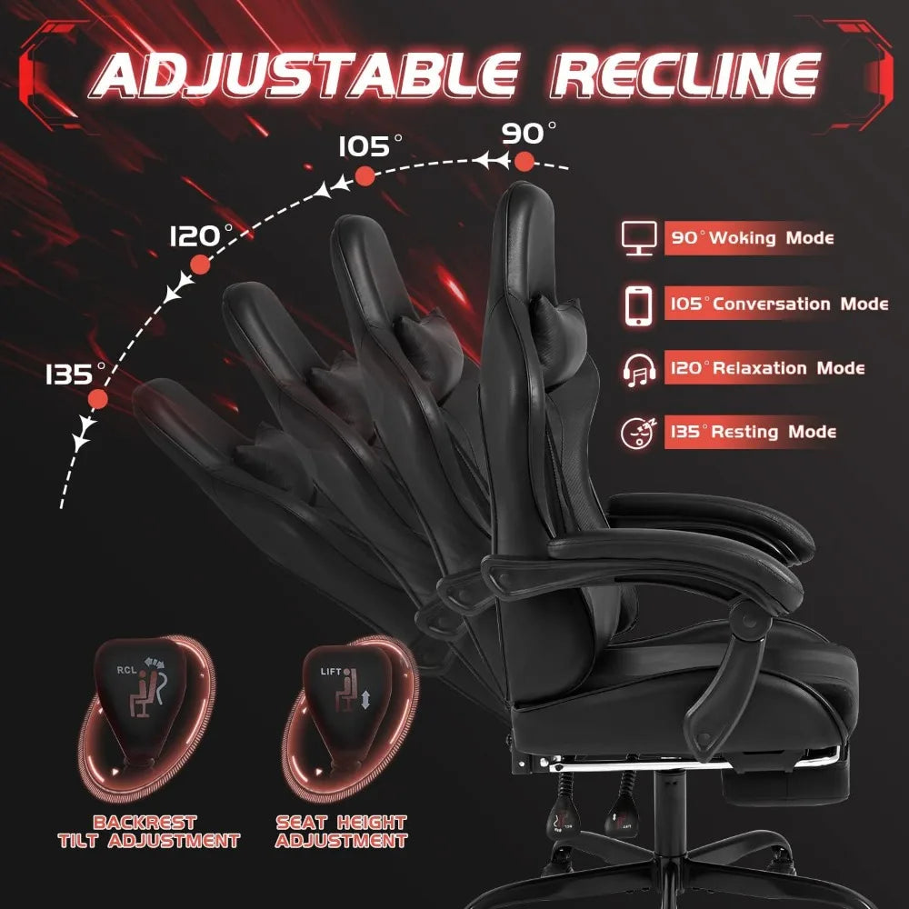 Ergonomic Massage Lumbar Support Gaming Chair with Footrest, 360° Swivel and Height Adjustable Seat for Comfortable Computing