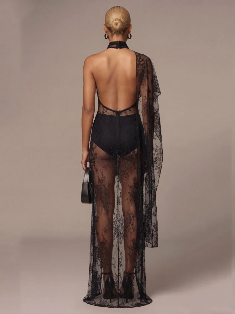 Sexy Backless High Neck Lace See Through Draped Folds Split Long Dress Women Black Sleeveless Slim Dresses Evening Party Gowns