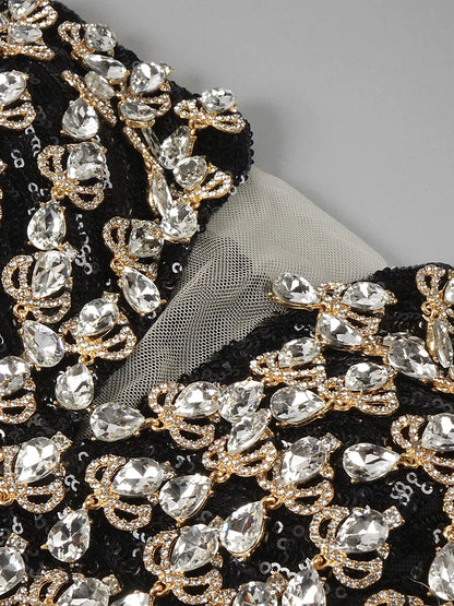 VC Black Strapless Diamonds Pearl Mermaid Long Dress Deep V Plunge Bodycon Elegant Party Evening Gowns Vestidos with Gloves