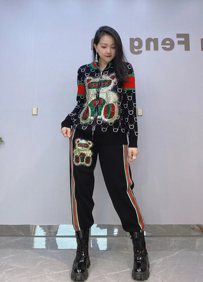 Fashion Bear Diamonds Side Stripe Pant Sets Women Autumn Tracksuit Zipper Sweater Loose Casual Two Piece Sets Womens Outifits - Kimlud