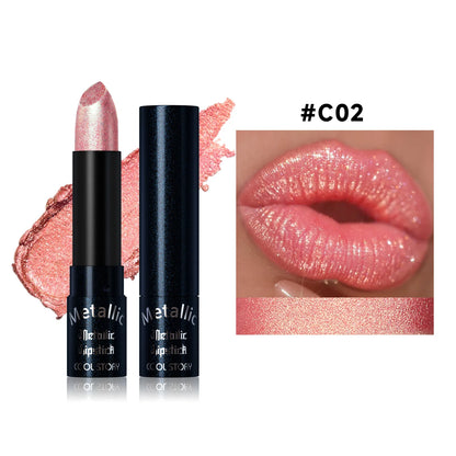 Metallic Pearlescent Pink Glitter Velvet Lipstick Waterproof Long Lasting Matte Shimmer Diamond Lipstick Women Makeup Cosmetics