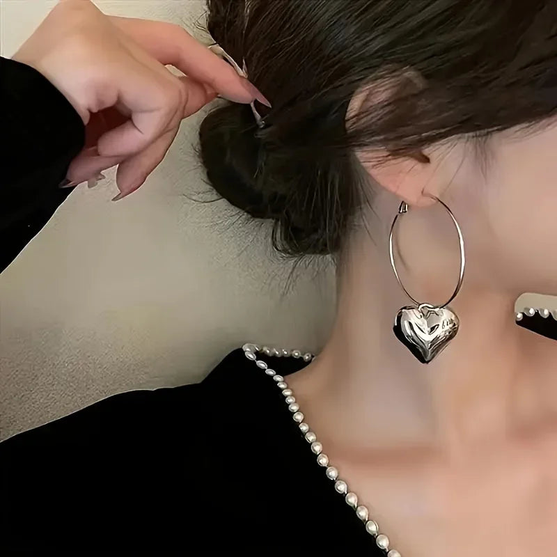 Heart Shaped Pendant Hollow Hoop Earrings Fashion Alloy Jewelry for Women Luxury Style for Date Nights and Vacations...