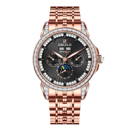 OBLVLO Men's Fashion Automatic Watch Colorful Zircon Moonphase Mechanical Multifunctional Black Leather Strap Timepiece...