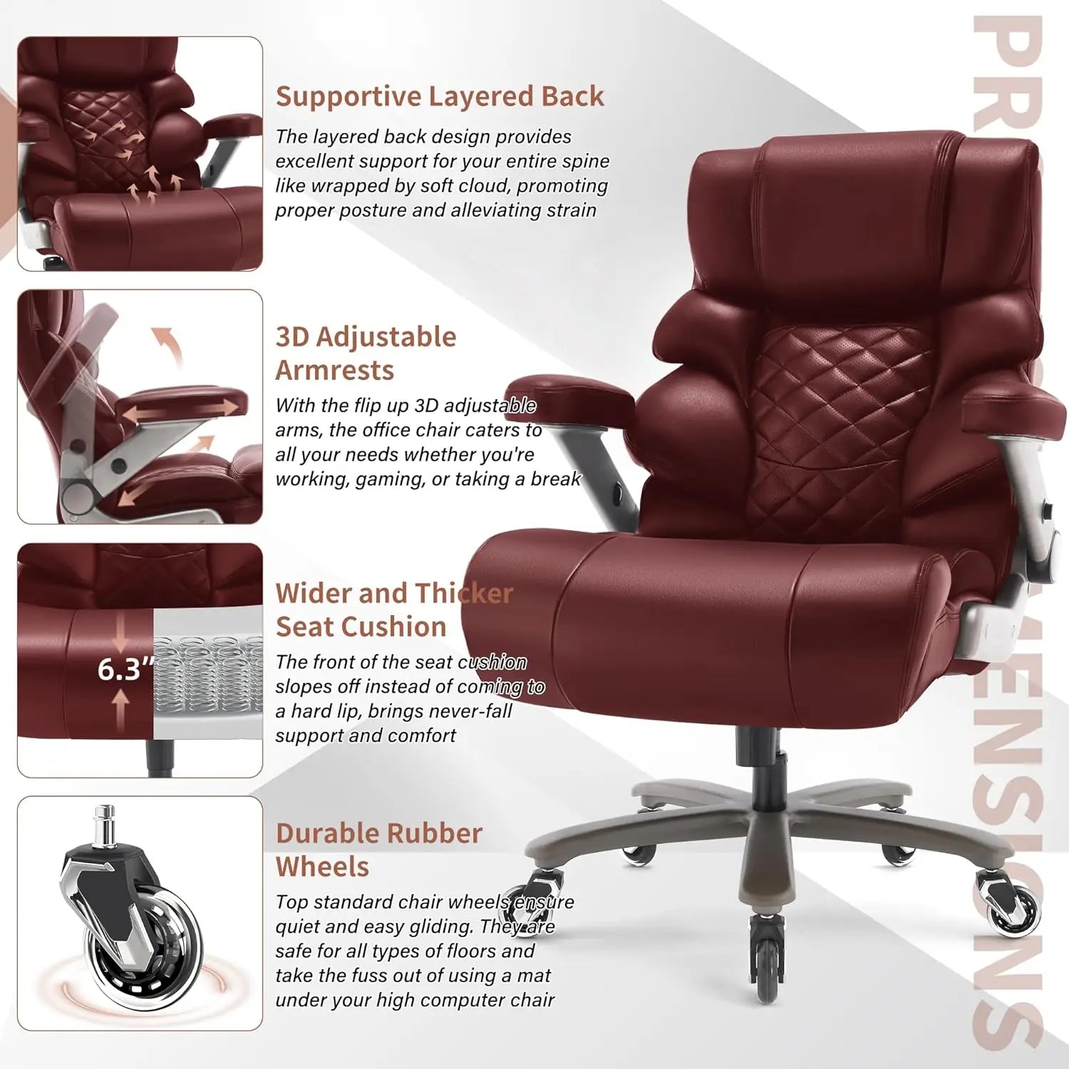 Big & Tall Office Chair, 700lbs Heavy Duty, Adjustable Lumbar, 3D Arms, High Back Executive Chair