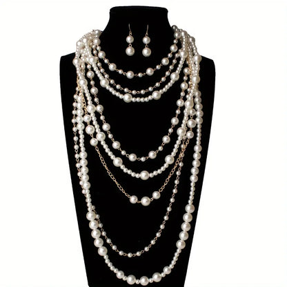 Multi-layer Simulated Pearls Chain Long Necklace Elegant Earrings Trendy Statement Choker Necklace for Women Fashion...