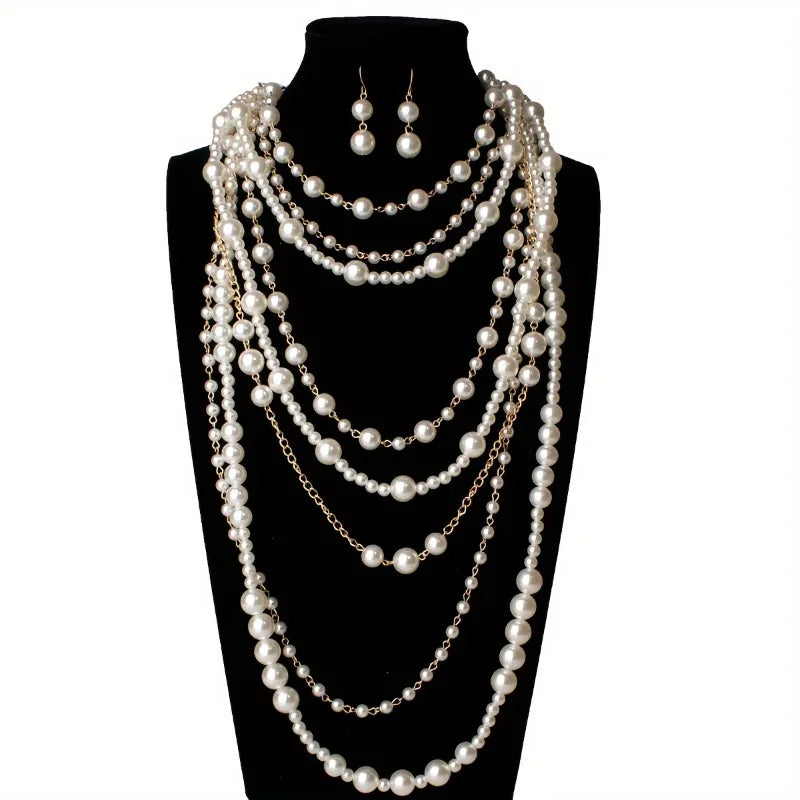 Multi-layer Simulated Pearls Chain Long Necklace Elegant Earrings Trendy Statement Choker Necklace for Women Fashion...