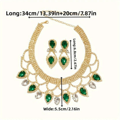 Fashionable ladies' exaggerated and exquisite handmade rhinestone necklace earring set, bride's dance dress jewelry accessories