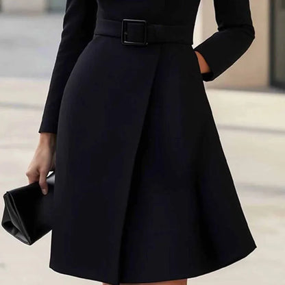 Autumn Winter Turtleneck Solid A-Line Dress Elegant Button High Waist Pocket Office Dress Woman Long Sleeve Casual Party Dresses