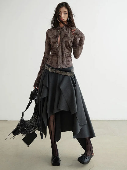 [EAM] High Waist Dark Gray Cut Style Burr Irregular Slit Half-body Skirt Women Fashion Tide New Spring Autumn 2026 1DH9336
