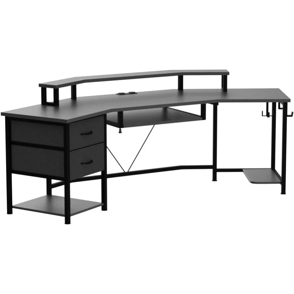 79" Gaming Desk, Computer Desk with 2 Fabric Drawers & LED Light, L Shaped Gaming Desk with Storage Shelf for Home Office