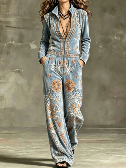 Women Vintage Velvet Jumpsuit Flower Print Stand Collar Zip Front Long Sleeve Wide Leg Loose Romper Formal Cocktail...
