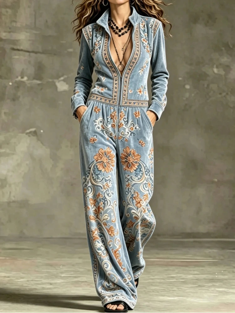 Women Vintage Velvet Jumpsuit Flower Print Stand Collar Zip Front Long Sleeve Wide Leg Loose Romper Formal Cocktail...