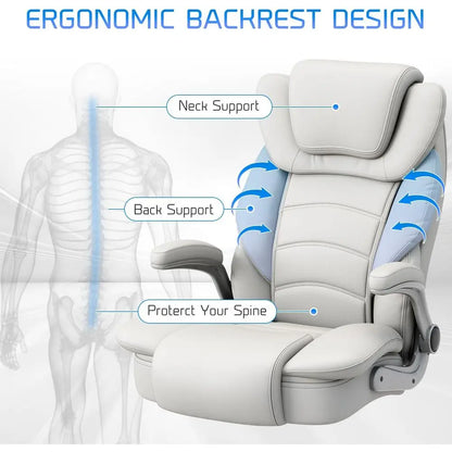 Ergonomic Leather Executive Chair with Wide Seat for 400lb Capacity, High Back and Flip-Up Arms, White | Kimlud Luxury Home