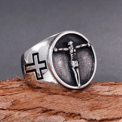 Vintage Catholic Jesus Cross Ring Men Punk Hip Hop Stainless Steel Biker Jesus Signet Rings Jewelry Amulet Gift Wholesale
