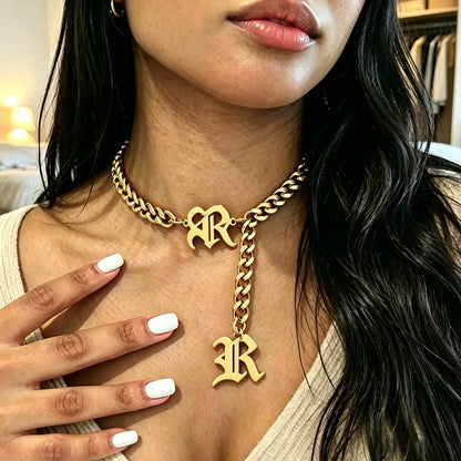 DUOYING Gothic Initial Letter Drop Choker Necklace Gold Plated Thick Cuban Link Chain Old English for Women Custom Jewelry Gif