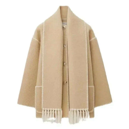 Elegant Vintage Woolen Overcoat For Women Single Breasted Scarf Loose Jacket Pocket Casual Coat 2024 Autumn New Lady Outerwear