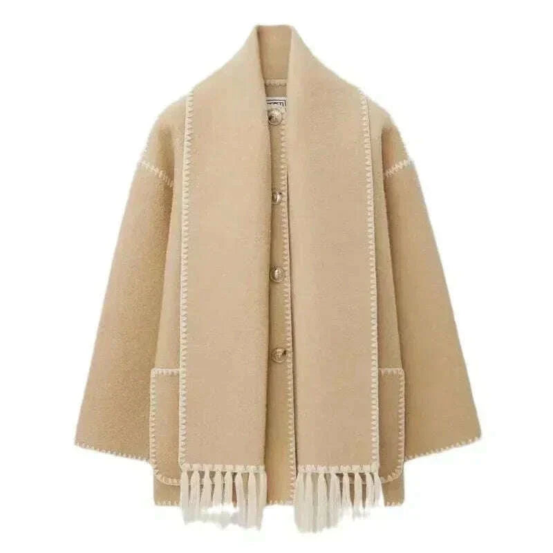 Elegant Vintage Woolen Overcoat For Women Single Breasted Scarf Loose Jacket Pocket Casual Coat 2024 Autumn New Lady Outerwear