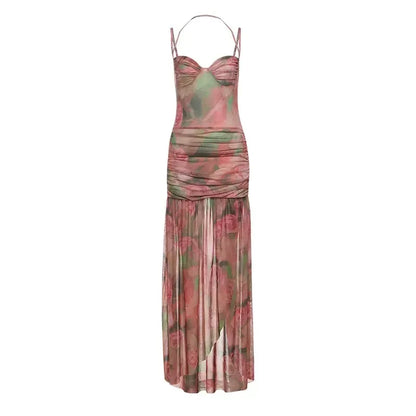 Spring New Women's Long Sve High Collar Plant Print Maxi Top Faionable Individuatic f High Ne Long Open Split Top